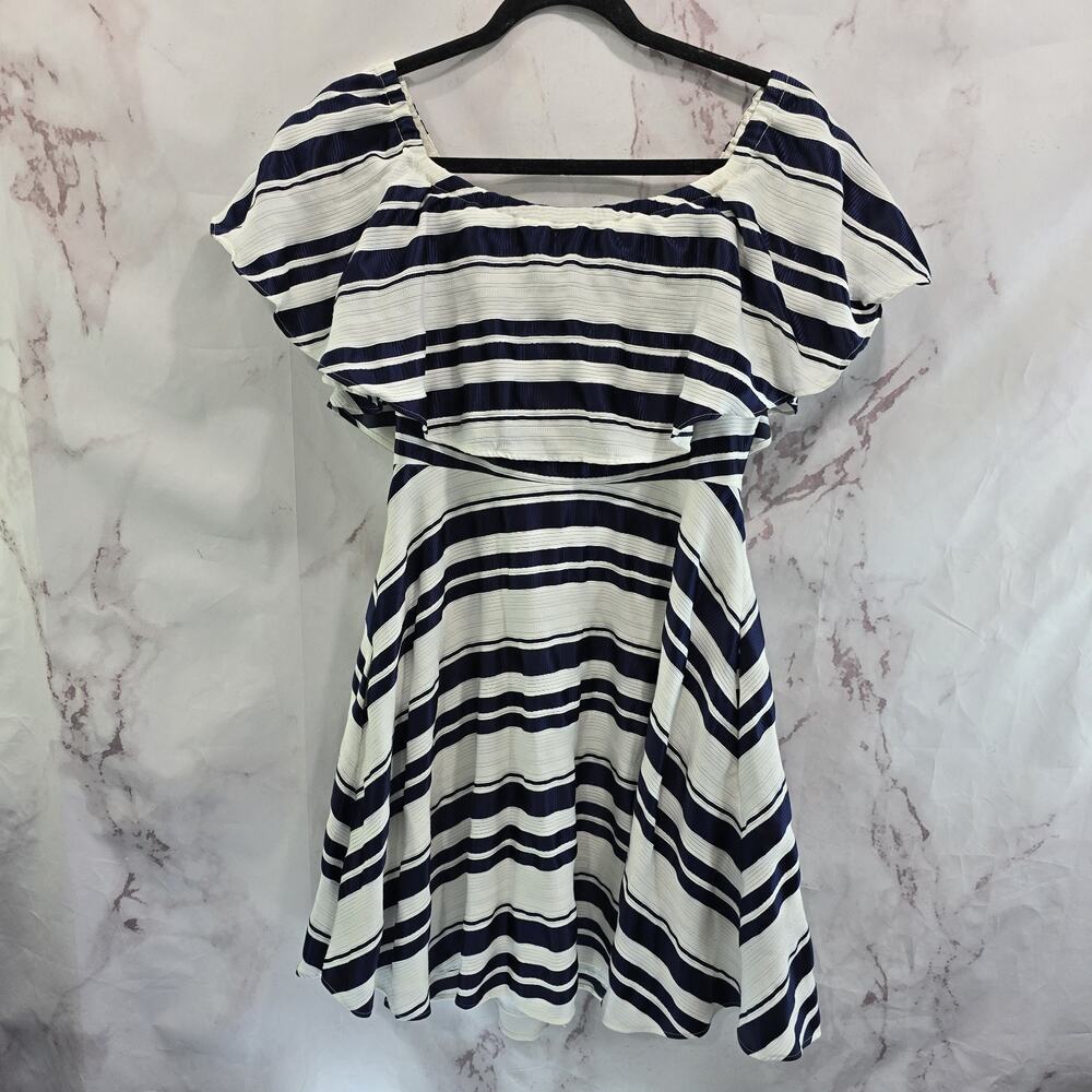 Badgley Mischka Dress Womens 6 Small White Navy Blue Stripe Satin Woven Belle